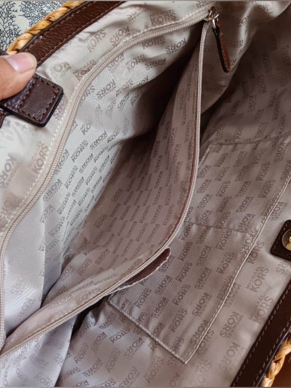 Michael Kors Natural Straw Tote with Dark Brown Leather Trim and Gold Hardware - Picture 6 of 11